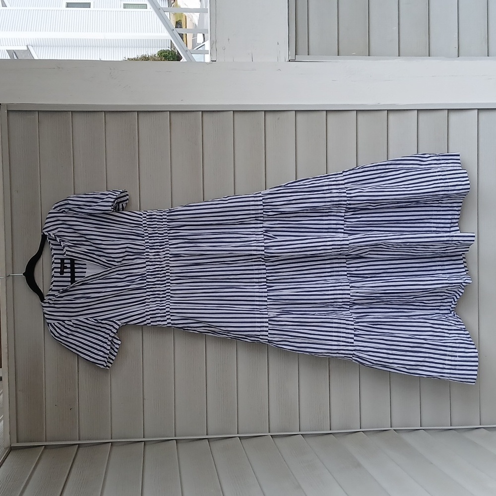 Quince 100% Organic Cotton Navy Striped Tiered Maxi Dress, P2P 18" - Picture 7 of 7
